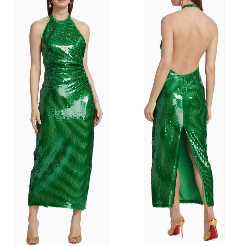 RONNY KOBO Alix Green Sequined Halter Midi Gown Size Small